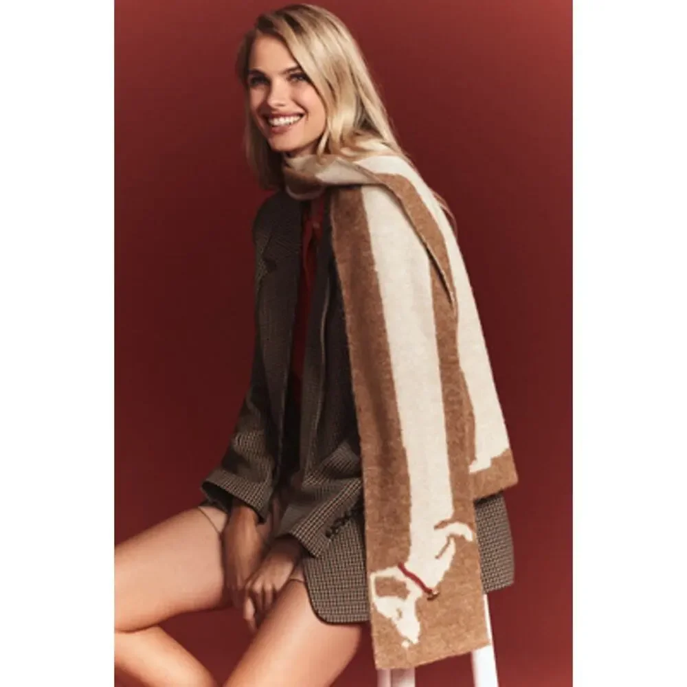 Rare Viral Anthropologie Maeve Dachshund Dog Icon Skinny Knit Scarf Reversible